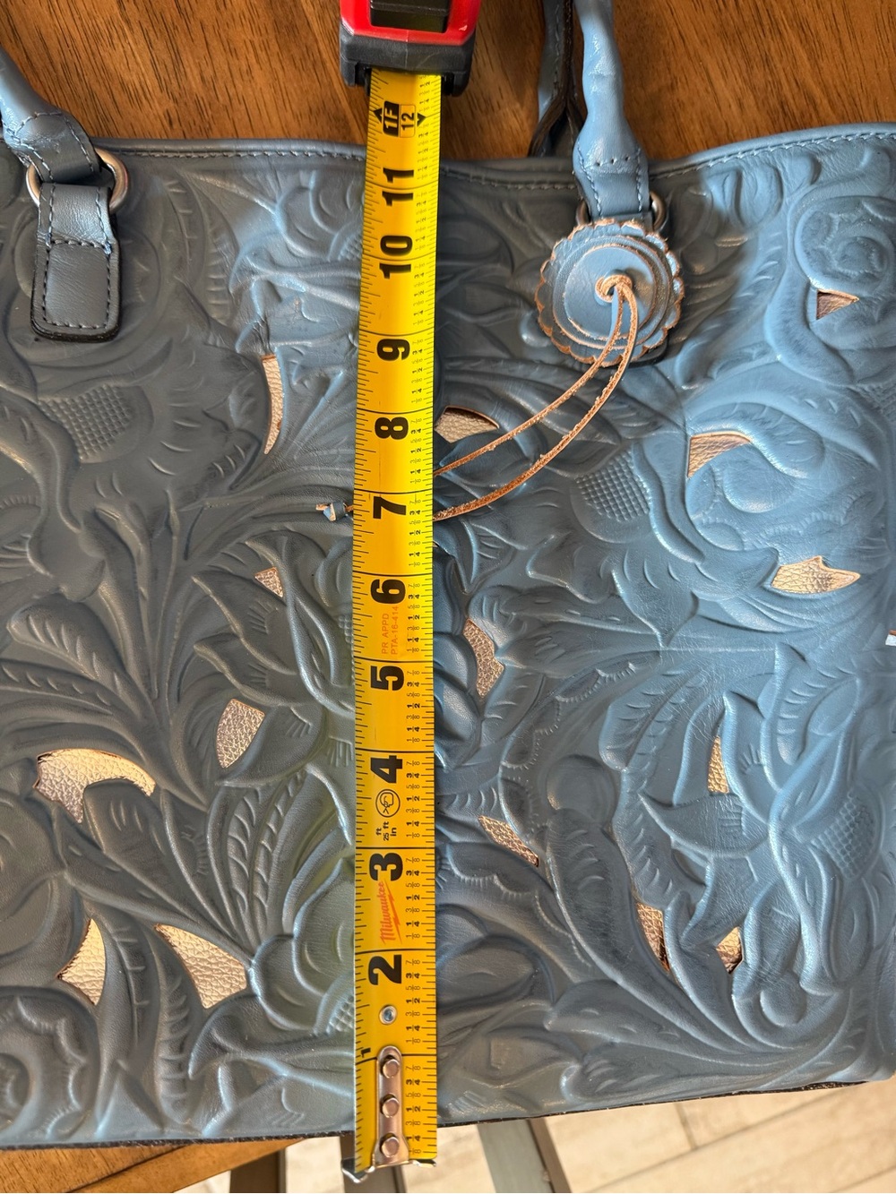 PATRICIA NASH “ADELINE” SAFFLOWER BLUE LEATHER CUT-OUT TOOLED EMBOSSED TOTE - Picture 7 of 16